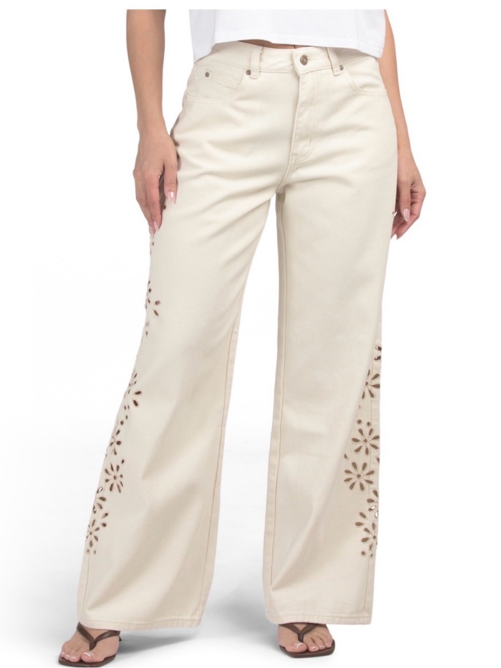 House of Harlow 1960 Cream Wide-Leg Jeans with Floral Cutwork